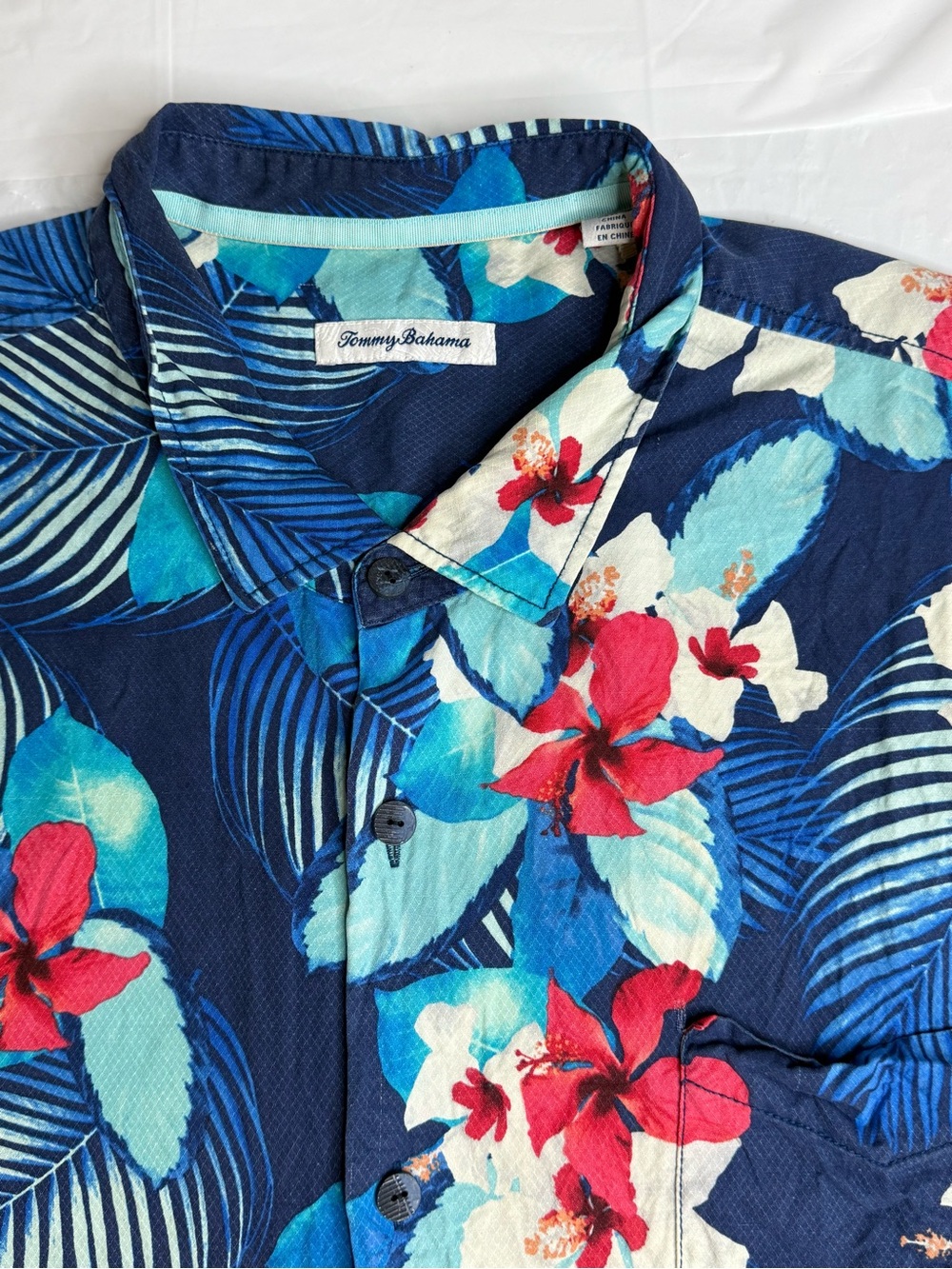 Tommy Bahama Navy Blue Floral Camp Shirt with Red Blooms